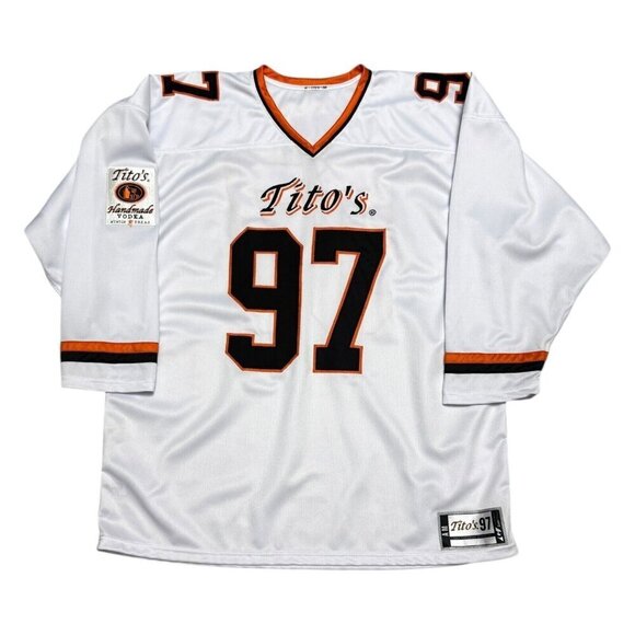 TITO'S VODKA Auston Texas Promo White Orange Hockey Jersey Mens Large - Picture 1 of 7